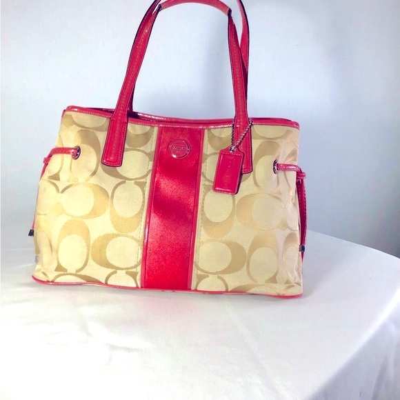 Coach vintage signature striped carry all bag ,canvas scarf pattern leather pink - Picture 1 of 11